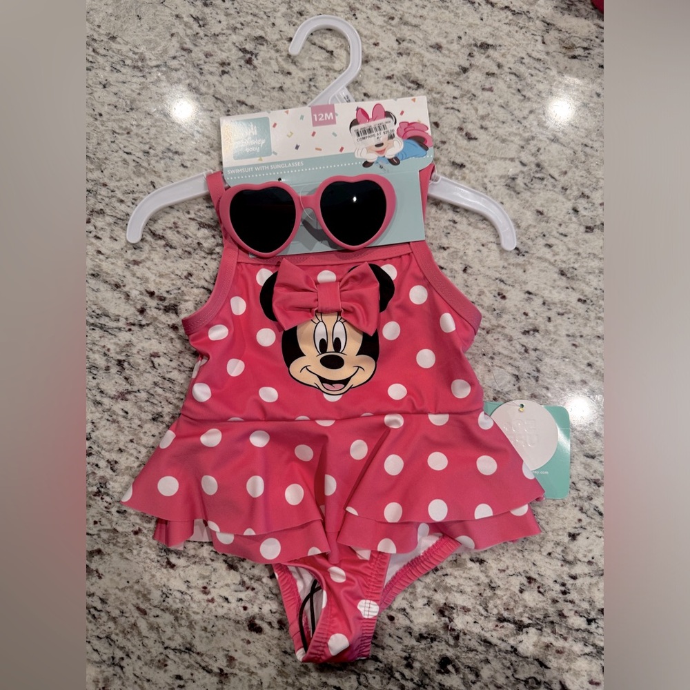 Disney Mini Mouse 12m Pink with White Polka Dot Bathing Suit w/Sunglasses